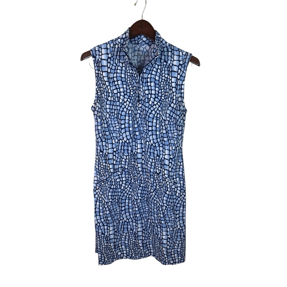 IBKUL Jovanna Mock Neck Sleeveless Dress Size Medium Blue Print UPF50